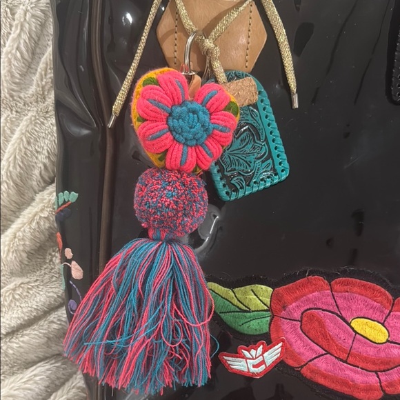 Consuela Black Tote Bag with Colorful Appliqués and Striped Strap - Picture 3 of 12